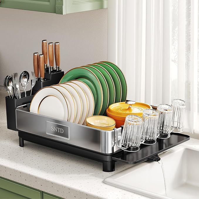 SNTD 304 Stainless Steel Dish Drying Rack for Small Kitchen Counter, Black | Rustproof, Large Capacity, Heavy-Duty Frame, Rotating Spout, Angled Drainboard, Removable Cup & Utensil Holder