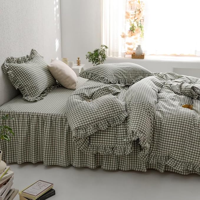 mixinni Green Gingham Ruffle Duvet Cover Queen Size 3 Pieces – 100% Washed Cotton, Vintage Plaid Ruffled Bedding Set with Zipper Ties, Soft Checkered Grid Farmhouse Chic Comforter Cover Set