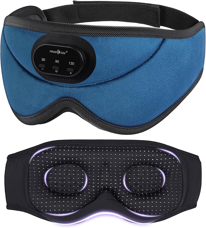 MUSICOZY 3D Bluetooth Sleep Mask with Headphones and Timer, Wireless Sleep Headphones for Side Sleepers, Eye Mask with Bluetooth Headphone, Unique Gifts for Men Women, Blue