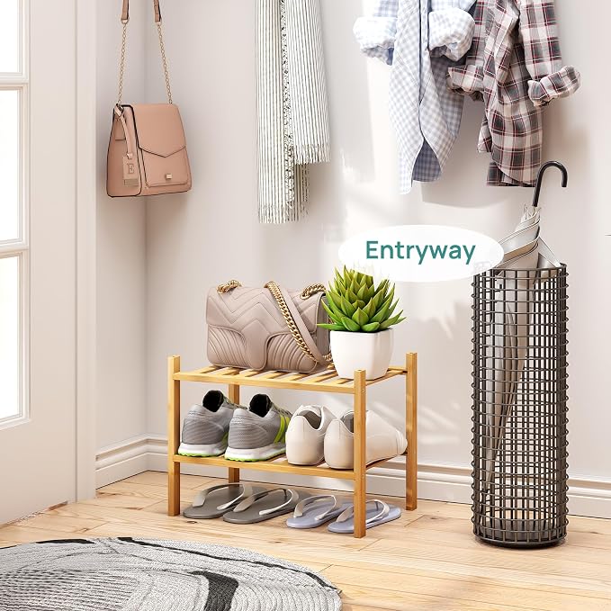 viewcare Small Shoe Rack, 2-Tier Shoe Rack for Entryway, Bamboo Wood Shoe Shelf for Closet & Hallway, Long 17.2IN | Beautiful | Functional | Sturdy | Durable