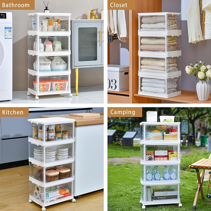 Freebat Collapsible Plastic Storage Bins with Wheels, Clear Stackable Storage Bins with Lid, Stackable Storage Bins with Open Door, Folding Storage Bins Organizer for Closet, Bedroom, Living Room