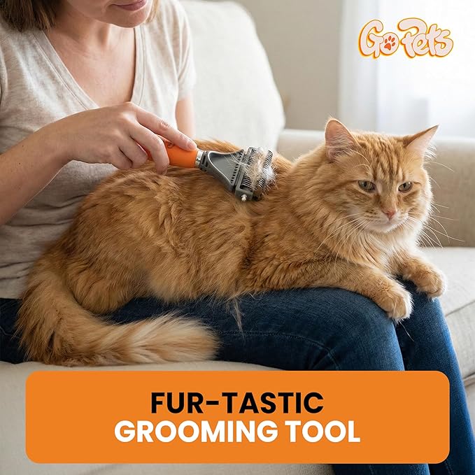 GoPets 2-in-1 Dematting Comb for Dogs, Pet Grooming Rake, Double-Sided Dog Brush for Shedding, Deshedding Brush for Cats, Undercoat Mat Dematting Tool for Long Haired Cats, Grooming Matting Hair