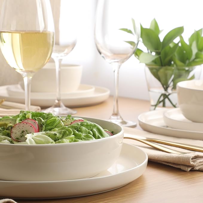 Gibson Home Serenity 16 Piece Modern Porcelain Dinnerware Set for 4, Linen White Plates and Bowls Set, Dinner Plates, Salad Plates, Pasta Bowls, Cereal Bowls