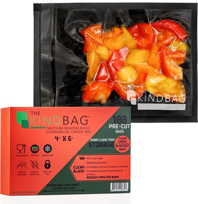 The Kind Bag Vacuum Seal Bags for Food Storage, 4x6 Inch 100 Pack, Pre-Cut 3mil Commercial Grade, Black Back Clear Front, BPA Free, Airtight and Freezer Safe, Prevents Freezer Burn