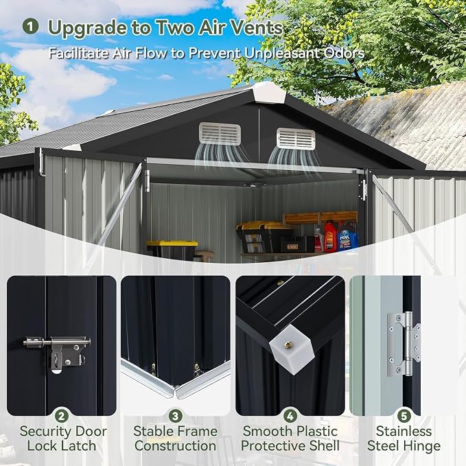 Aoxun 6'x4' Outdoor Storage Shed with Base, Black | Metal Shed with Lockable Doors & Slooping Roof Garden Tool Shed for Backyard, Patio, Poolside