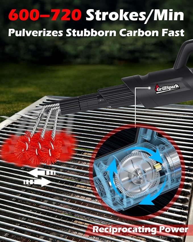 Electric Grill Brush – Long Handle, Innovative Reciprocating Motor Grill Cleaner (600/720 Strokes/min), Powerful Cleaning, 3 Interchangeable Brush Heads, Ideal BBQ Gift for Dads & Grill Lovers