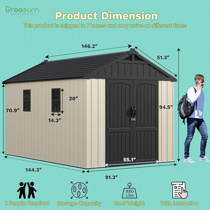 Greesum 8x12FT Plastic Outdoor Storage Shed with Floor, Resin Sheds with Window and Lockable Door, Easy Assembly, HDPE Kick-it Shed for Garden, Lawn, Backyard, Beige