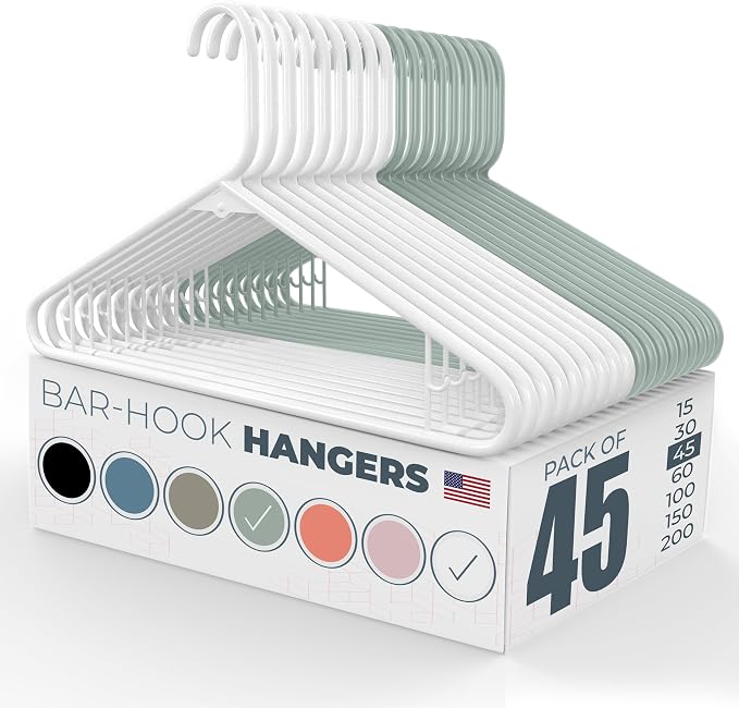 Plastic Hangers 45 Pack - Made in the USA - 6lb Capacity Standard Clothes Hangers with Strap Hooks for Dresses, Lingerie, Shirts, Pants, and Jackets - White & Mint