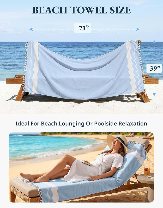 LANE LINEN Beach Towel 4 Pack, Oversized Beach Towels for Adults - Sky Blue | Lightweight Travel Beach Towels - Pre-Washed for Soft Hand Feel - 39"x71", Vacation Essential - Machine Washable, All-Season