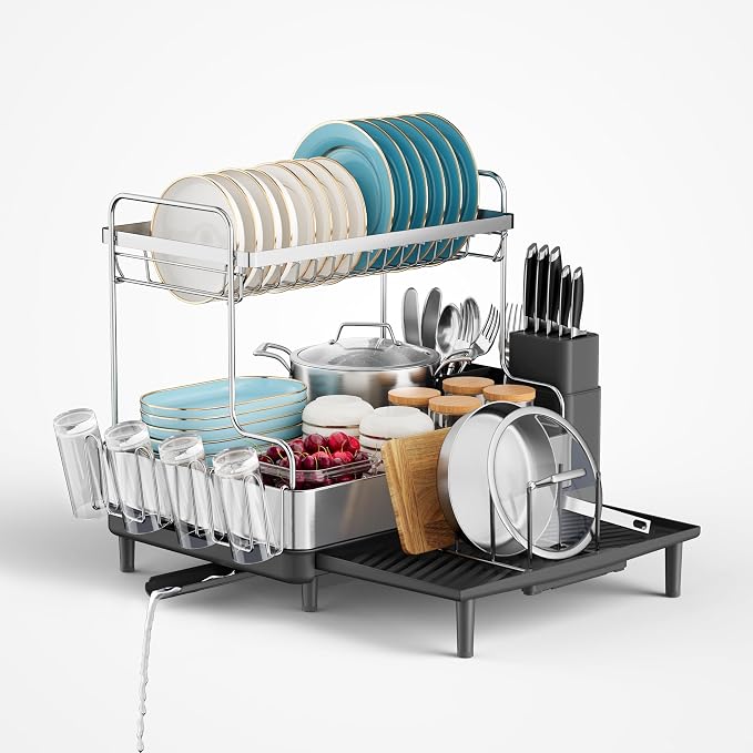 2 Tier Dish Drying Rack, Extra Large Dish Rack, Expandable Dish Racks for Kitchen Counter, Multifunctional Large Dish Drainers for Kitchen Counter, Black