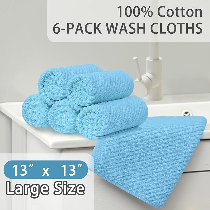 VOOVA & MOVAS Washcloths 6PC, 100% Cotton, 13x13 in, Baby Blue | Thick, Quick Dry, Soft, Absorbent, Luxury Face Towel Gift Set, Great For Spa, Home, Holiday Gift
