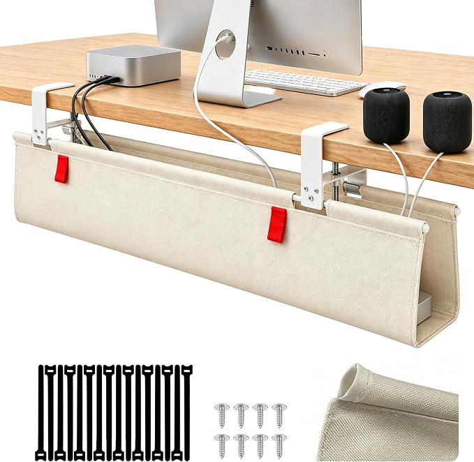Under Desk Cable Management No Drill – 48" L x 6" W Cord Organizer, Upgraded Silicone Pads (No Scratch!), 16 Cable Slots, Washable PE Honeycomb Base, Fits Desks 0–2.1" Thick, Beige