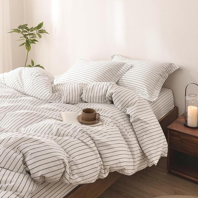 Stripe Duvet Cover Super King Size 108inch x 98inch, 100% Washed Cotton Linen Feel Duvet Cover with Zipper Closure and 2 Pillowcases, Color of White-Dark Grey Stripe