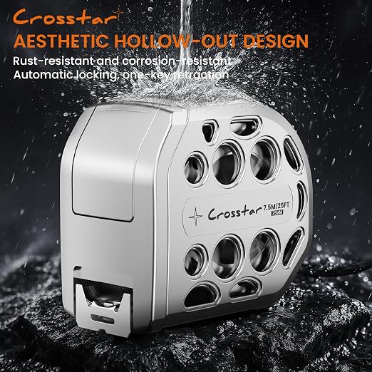 Crosstar 25FT Magnetic Self-Locking Stainless Steel Tape Measure, Double-Sided Scale, Waterproof & Rustproof Retractable Measuring Tape with Hollow Design for Home, Industrial, Woodworking