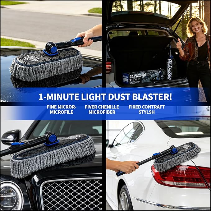 Flash Dog Car Duster Exterior Scratch Free Aluminum Alloy Extendable Handle and Microfiber Head Waterless Cleaning Brush for Cars, Trucks, SUVs Portable Car Duster