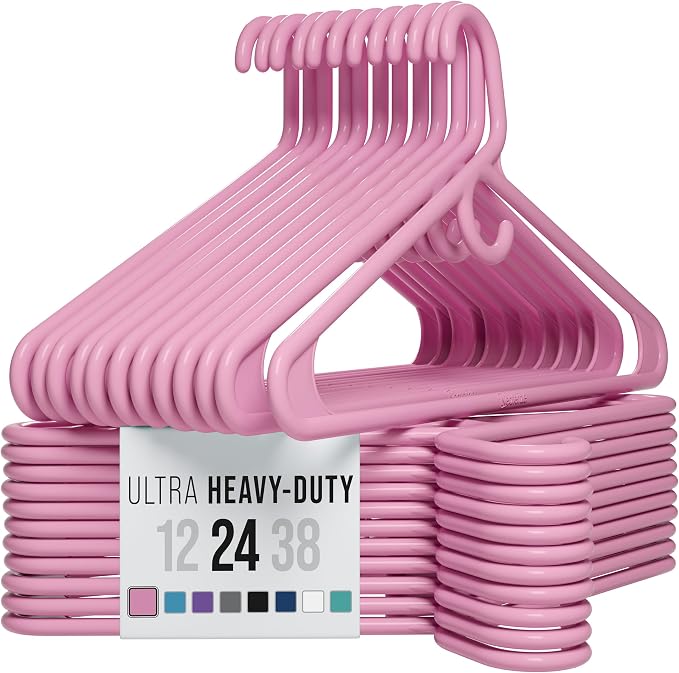 NEATERIZE Thick Heavy Duty Hangers - Pink Plastic Clothes Hangers 24 Pack - Great for Coat Hanger, Jackets Jeans & Suit Hanger for Closet - New Apartment Essentials Percheros Ganchos para Colgar Ropa