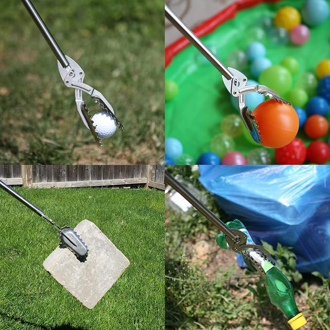 FTH Stainless Steel Grabber Reacher Pickup Tool Heavy Duty Trash Picker 60" | Log BBQ fireplace pits snake tongs plogging tool no wire design outdoor yard cleanup litter picker leaves branches sticks