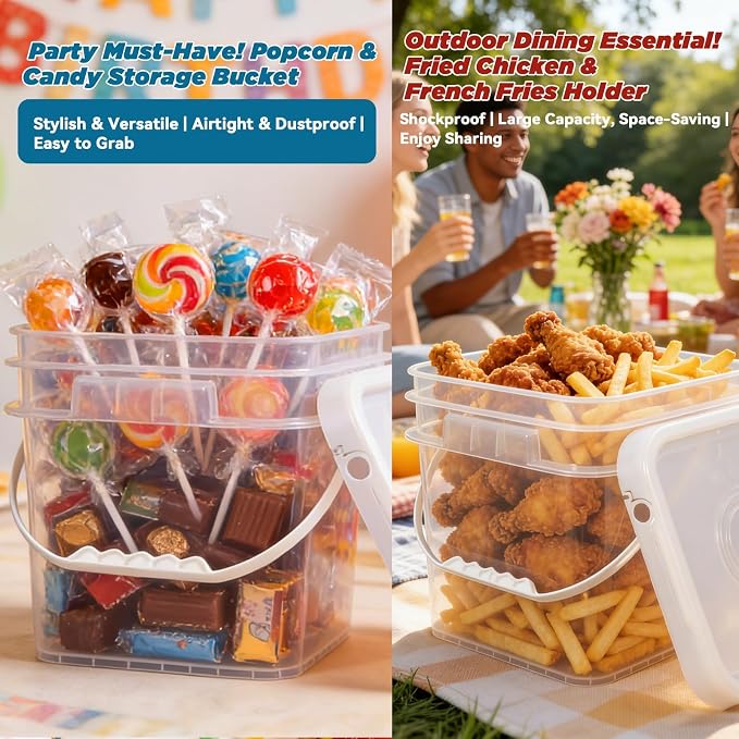 Food Storage Buckets with Lids - 4 Set Square Clear Plastic Containers, Airtight Pressure Seal & Handle for Kitchen Freezer Prep (Clear, 1.3 gal)