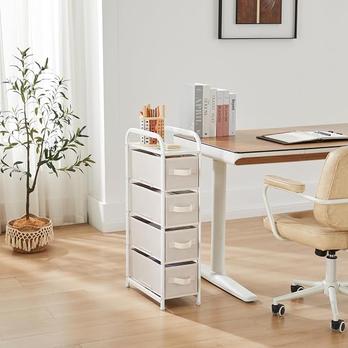 MAX Houser 4 Drawer Narrow Dresser Fabric Storage Tower Vertical Slim Storage Chest Organizer Nightstand Side/End Table Small Standing Organizer Removable Drawers Wood Top for Bedroom, Bathroom(Beige)
