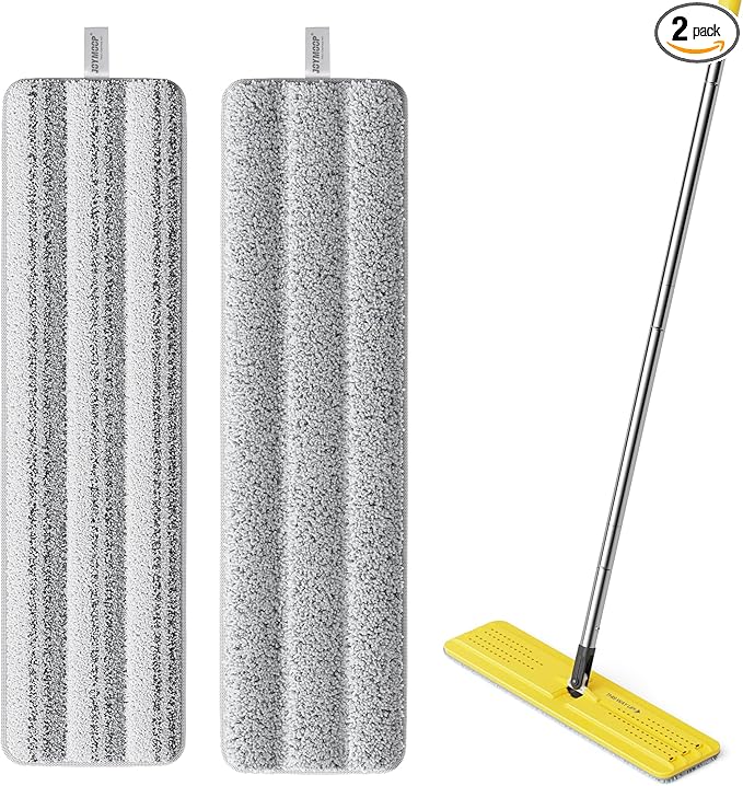 JOYMOOP 17.7-Inch Microfiber Mop Replacement Pads, Washable Reusable Grey & Stripe Refills, Pack of 2, Wet & Dry Cleaning Pads Compatible with Flat Mop Bucket System