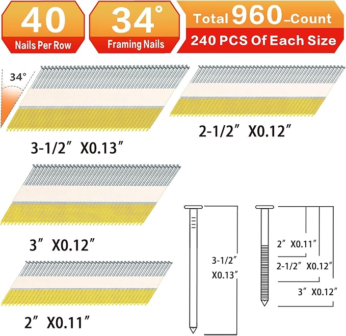 34°Framing Nails,Ring Shank,2",2-1/2",3",3-1/2":960pcs | D Head Nail Pack,Hot Dipped Galvanized Paper Tape Strip Nails,for 30 to 34 Degree Framing Nailer