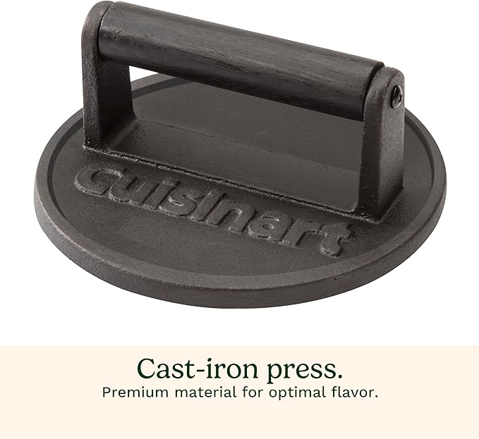 Cuisinart Smash Burger Press, Cast Iron, 6.5" Round Burger Smasher | CISB-111, hamburger press with round flat edge for crispy carmelization, the go-to grill press for indoor and outdoor cooking