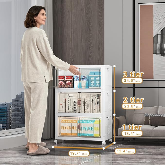 Stackable Storage Bins with Lid, 156QT Plastic Cabinet with Wheels | Large Capacity, Magnetic Door, Stack Lock, Rolling Wheels, Foldable Design, Organizers and Storage for Bedroom Dorm Garage