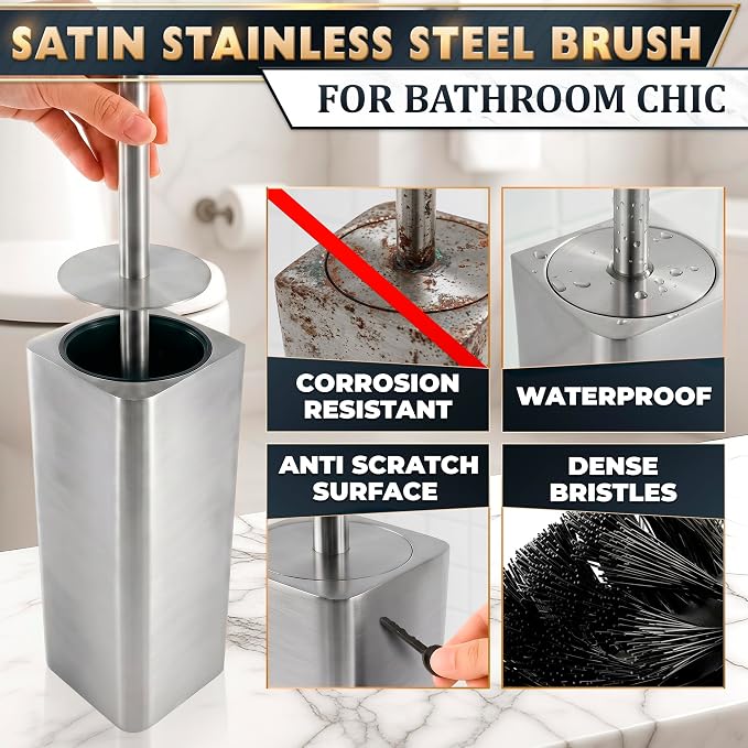 Silver Toilet Brush and Holder Set - Upgrade Your Bathroom in Seconds - Stainless Steel Toilet Bowl Brush and Holder with 2 Rounded Corners, Replaceable Head, Removable Inner Bowl & Splash Guard Cover