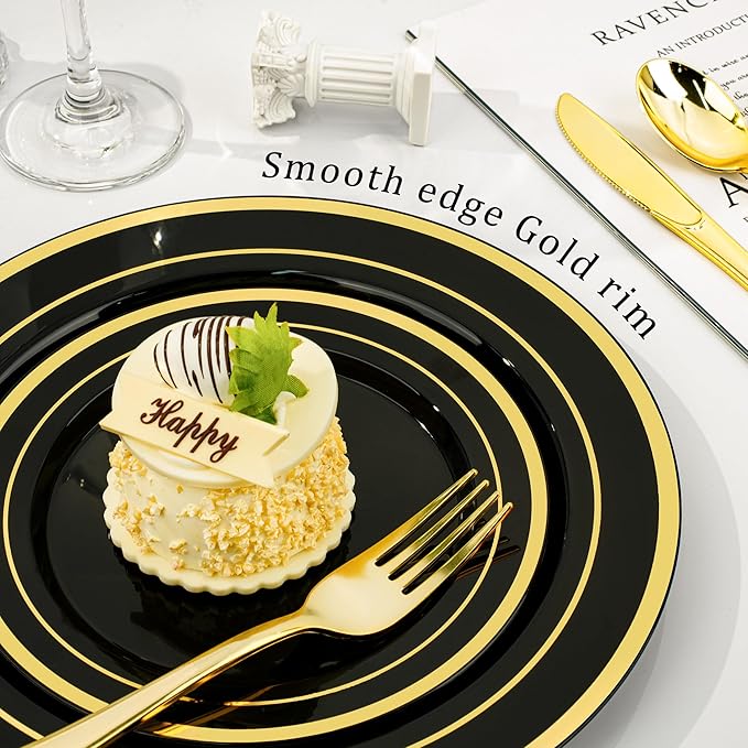 BESTVIP 350PCS Black Gold Dinnerware Set for 50 Guests, Plastic Plates for Halloween Party and Christmas, 50 Disposable Plates, 50 Dessert Plates, 50 Cups, 50 Spoons, 50 Forks and 100 Knives