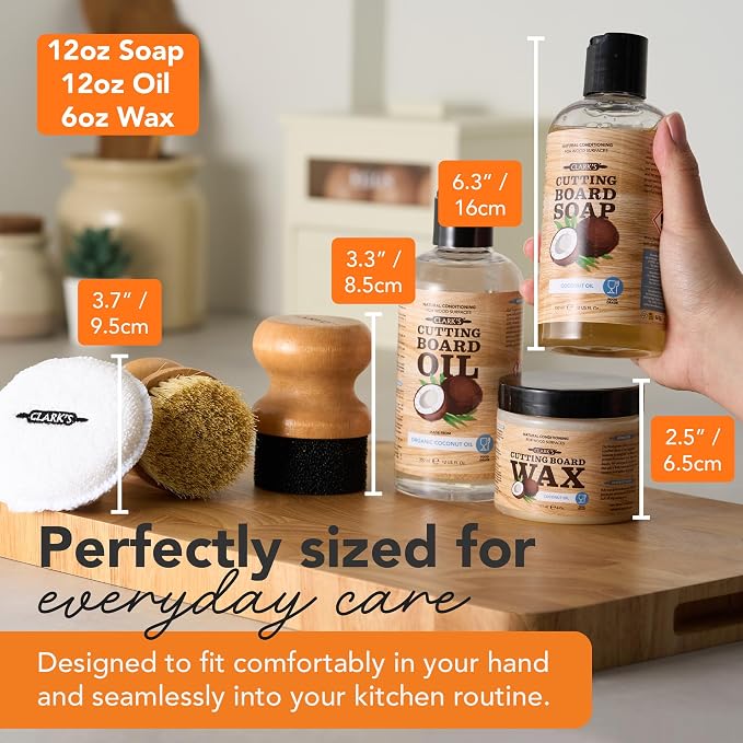 CLARK'S Food Grade Cutting Board Full Care Kit, Coconut Scent - 6 Pack | Includes Cutting Board Oil & Wax, both made of Organic Coconut Oil, Cleaner, Applicators, Buffing Pads - Protects & Restores