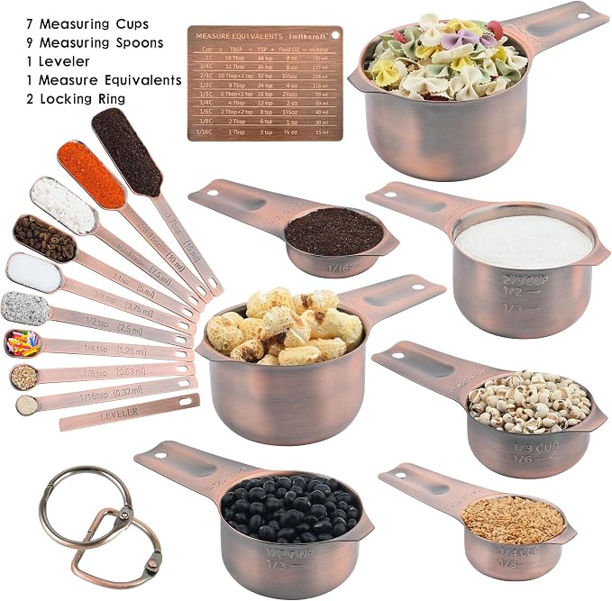 Measuring Cups and Spoons Set, Copper Measuring Cups and Spoons Set for Dry & Liquid, Metric&US 7 Stainless Steel MeasureR Cup&9 Spoon Leveler & Measure Enquivalents for Kitchen & Baking