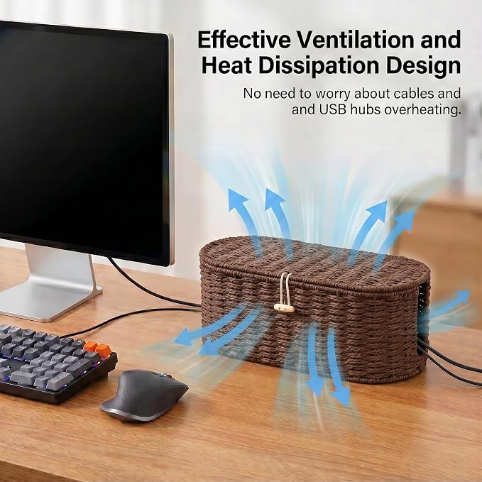 Set of 2 Cable Management Box, Handwoven Paper Rope Cord Hider Organizer Boxes with 3 Side Open Slots, Cable Organizer Box to Hide Cords Power Strip, USB Hub, TV Wires for Home, Office,Brown