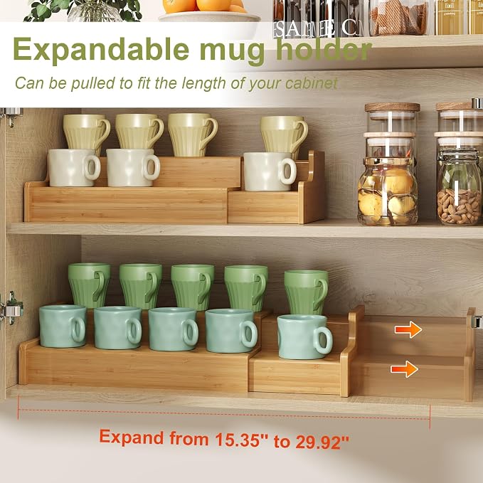 Hongtamoya 2-Tier Expandable Bamboo Mug Holder Coffee Mug Rack Organizer for Countertop, Multi-Functional Mug Display Shelf for Coffee Bar, Kitchen, and Home (15.35"~29.92")