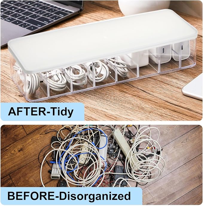 Tatuo 1 Pcs Cable Organizer Box with Wire Ties, Plastic Cord Storage Box with Lid, Electronics Organizer for Home Office Desk Organizers and Accessories (Clear,White)