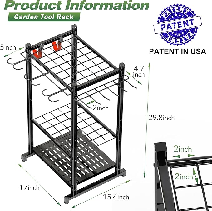 Sttoraboks Garden Tool Organizer Rack Up to 50 Tools, Heavy-Duty Steel Yard Tool Organizer for Garage Storage with 11 Hooks, Broom Holder & Garden Tool Rack for Shed, Patio, Outdoor Use, Black