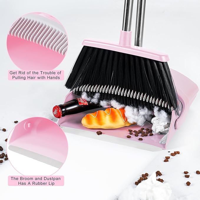 BSKLIN Broom and Dustpan Set for Home, 52” Long Handle Broom with Dustpan Combo Set with Dust Pan Teeth to Clean Hair Sweeping Set for Kitchen Hardwood Floors Pet Hair (Pink)