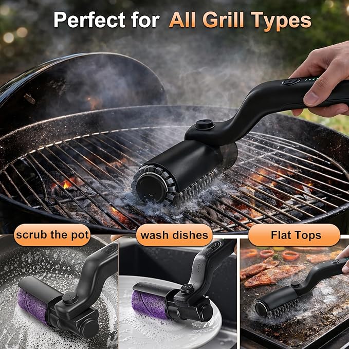 Electric Grill Brush for Outdoor Grill, BBQ Grill Cleaner with 2 Brush Heads, 3-Speed Cordless Rotary Brush, Adjustable Angle, 150-Min Runtime, Grill Cleaning Tool for Barbecue Grates