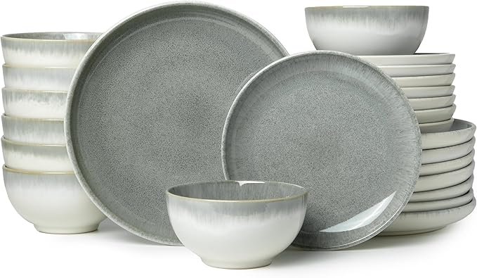 Pokini 24 Piece Dinnerware Sets for 8, Modern Stoneware Plates and Bowls Sets, Perfect for Family Gatherings & Holiday Celebrations, Easy Cleaning Dishes, Stack Compactly Plate Set, Gradient Green