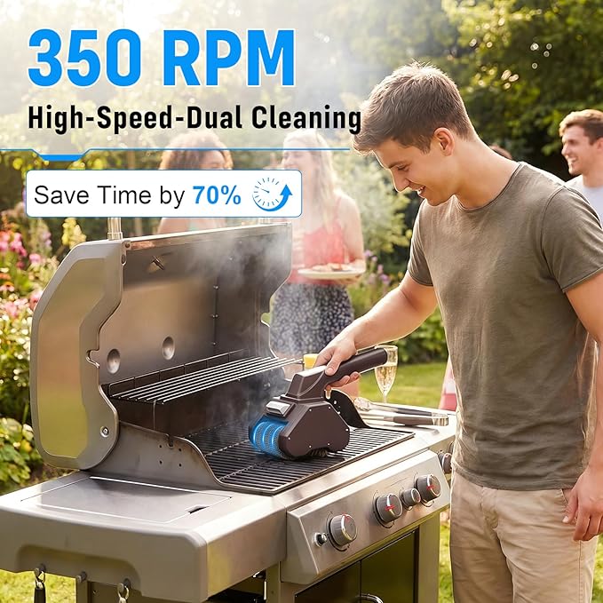 Electric Grill Brush, 350 RPM Rechargeable BBQ Grill Cleaner with 2- in-1 Cleaning Heads, 2600mAh Power Grill Scrubber for Outdoor Flat Top, Cast Iron, Barbecue Grates, Brown