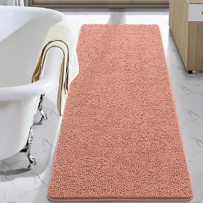 LOCHAS Luxury Bathroom Rug Shaggy Bath Mat 24 x 60 Inch, Pink | Washable Non Slip Bath Rugs for Bathroom Shower, Soft Plush Chenille Absorbent Carpets