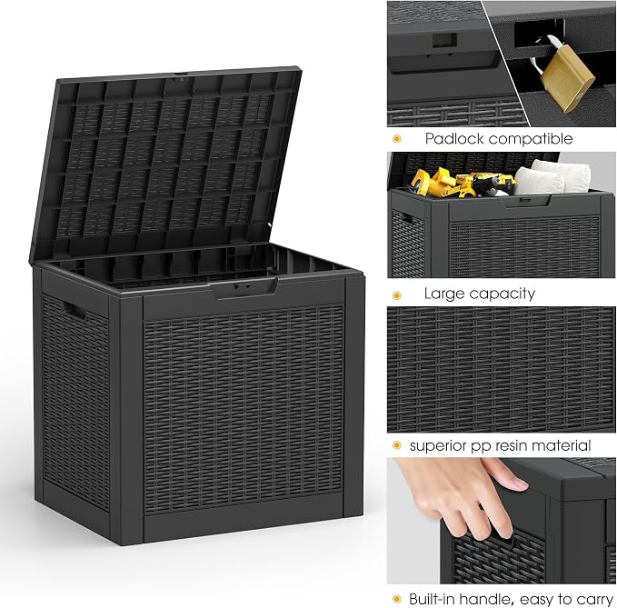 30 Gallon Outdoor Storage Box, Resin Deck Boxes Indoor and outdoor, Waterproof Storage Box Lockable Lid for Garden Tools, Package Delivery, Pool Supplies, Patio Cushions, Black