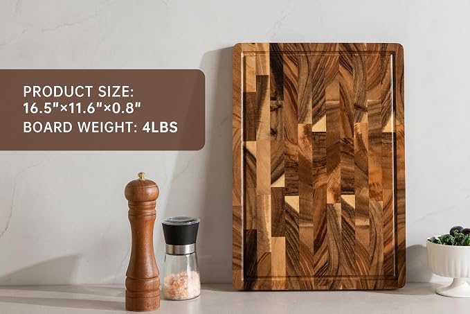 Walnut Wood Cutting Boards for Kitchen, End Grain Chopping Board | Charcuterie Board with Juice Groove & Handle, Butcher Block for Meal Prep & Serving with Gift Box, 16.5" x 11.6" x 0.8"