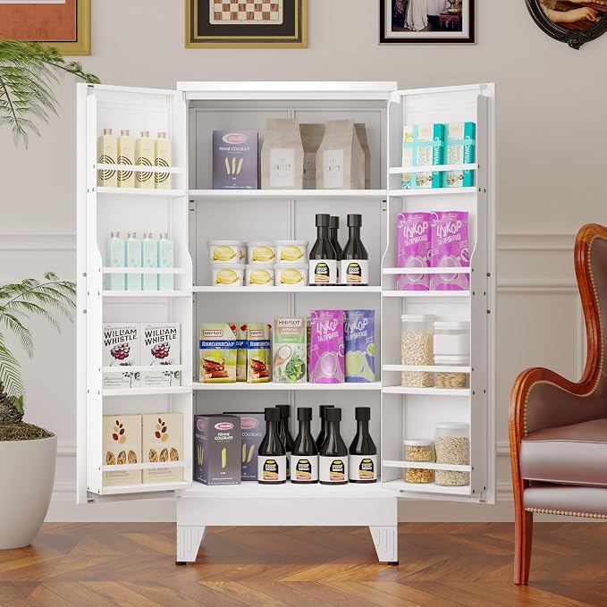 GAIOUS Metal Kitchen Pantry Cabinet, Food Storage Cabinets White Cupboard | Storage Cabinet with 2 Door and 3 Adjustable Shelves, Freestanding Steel Sideboard, with Door Shelf, for Kitchen Dinning Room