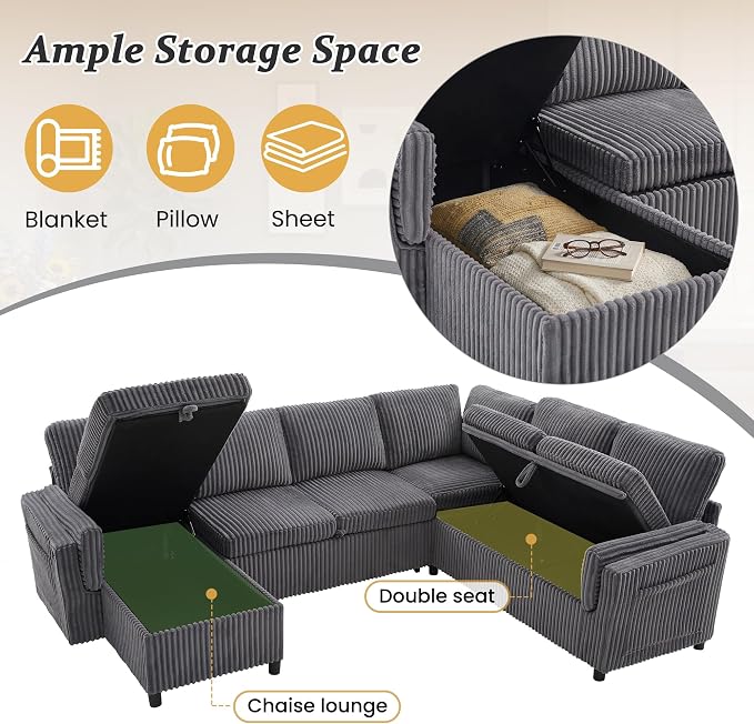 L Shaped Sectional Sleeper Sofa with Pull Out Bed, Dark Grey | 7 Seat Modular Design, Hidden Storage Space, Soft Corduroy Fabric, USB Charging, Cup Holders, Removable Covers, Easy Assembly