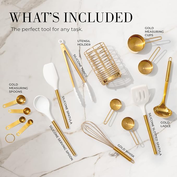 Styled Settings White and Gold Cooking Utensils Set with Holder - 15-Piece Silicone Cooking Tools with Utensil Holder, Measuring Cups, and Spoons - Elegant White and Gold Kitchen Accessories