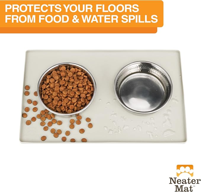 Neater Pet Brands Neater Mat Pet Mats for Food and Water, Cat & Dog Bowl Mat Waterproof Silicone, Feeding Tray, Dog Food Mats for Floors, Placemat w/Raised Edge for Under Bowls, 19” x 12”, Cream