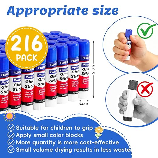 216 Pack Glue Sticks Bulk for Kids, Disappearing Purple Glue Sticks for Classroom and Teacher Supplies.0.18 OZ kids glue Dries Clear, Non-Toxic, Washable, Back to School Supplies and Student Must Have