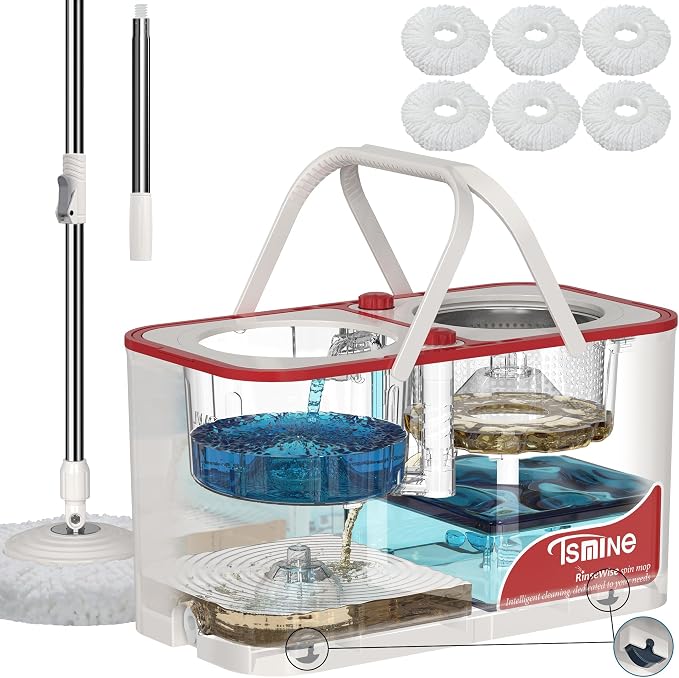 RinseWise Large Gen 1 Mop Bucket Set, Clean/Dirty Water Separation | 2 Gal Clean-Water Capacity, 4 Swivel Wheels, 61-Inch Handle, 6 Reusable Heads, For Pet Homes,Hardwood,Laminate & Tile Floors