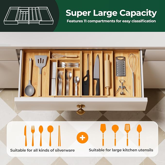 Large Silverware Organizer, 11 Slots Magnetic Connected Expandable Acacia Wood Utensil Drawer Organizer From 21 to 37.4 Inches, Adjustable Flatware and Cutlery Holder, Utensil Tray for Kitchen