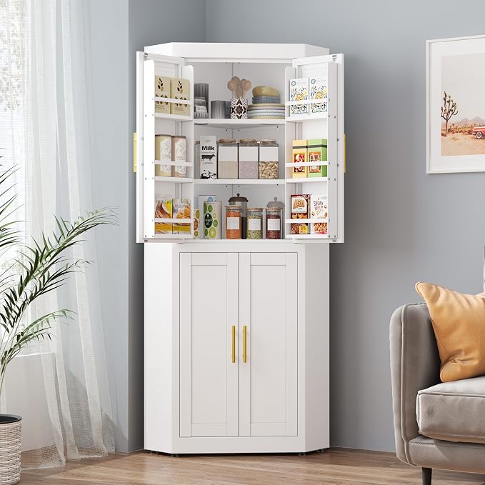 GAIOUS 63" Metal Corner Kitchen Pantry Cabinet, Kitchen Food Cabinets White | Tall Steel Storage Cabinet with 4 Doors and 3 Shelves, Farmhouse Cupboard with 6 Door Panel Shelves, for Dining Hallways